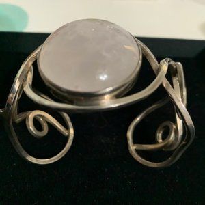 Sterling Silver Cuff Bracelet with Large Round Rose Quartz Stone